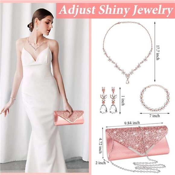 4 Pcs Pink Rhinestone Jewelry Set Floral Teardrop Crystal Wedding Set W/ Clutch - Picture 4 of 5